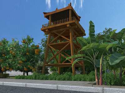 Traditional Garden Landscape Featuring Wooden Tower Lush Green Plants Banana Orange Trees Grass Pathway 3d model