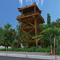 Traditional Garden Landscape Featuring Wooden Tower Lush Green Plants Banana Orange Trees Grass Pathway