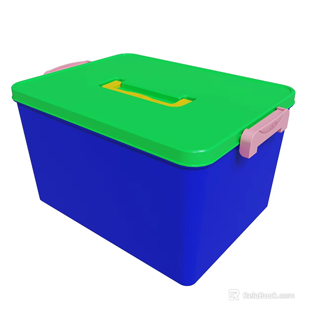 Blue Plastic Storage Box With Green Lid Yellow Handle And Pink Side Handles 3d model 