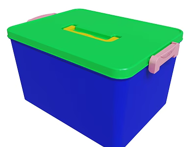 Blue Plastic Storage Box With Green Lid Yellow Handle And Pink Side Handles 3d model