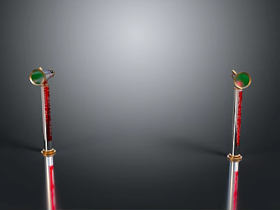 Golden Scepters With Red Decor Green Gemstones On Black Smooth Surface Reflection Gray Gradient Background 3d model