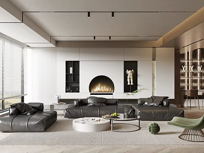 Modern Living Room Interior With Black Sofa Fireplace Round Coffee Table And Green Accent Chair 3d model