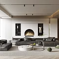 Modern Living Room Interior With Black Sofa Fireplace Round Coffee Table And Green Accent Chair