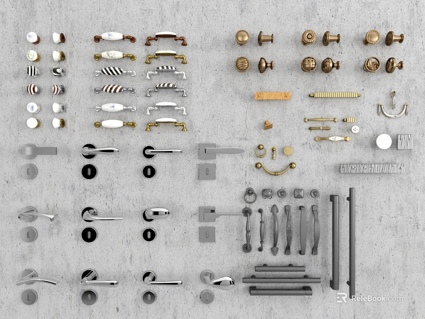 Different Types Of Door Handles With Various Metal Designs And Brass Finishes 3d model 