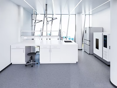 Modern Laboratory Interior Design With White Lab Benches Cabinets And Equipment 3d model