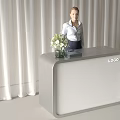 Modern Reception Desk with White Curtain Background Vase Green Flowers Black Box and LOGO