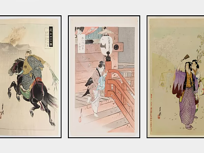 Traditional Ukiyo-e Artworks Featuring Rider on Horse Figures on Stairs and Kimono Woman 3d model