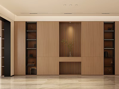 Dining and Living Room Interior With Wooden Wall Open Shelves Green Plant And Marble Floor 3d model