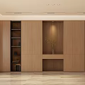 Dining and Living Room Interior With Wooden Wall Open Shelves Green Plant And Marble Floor