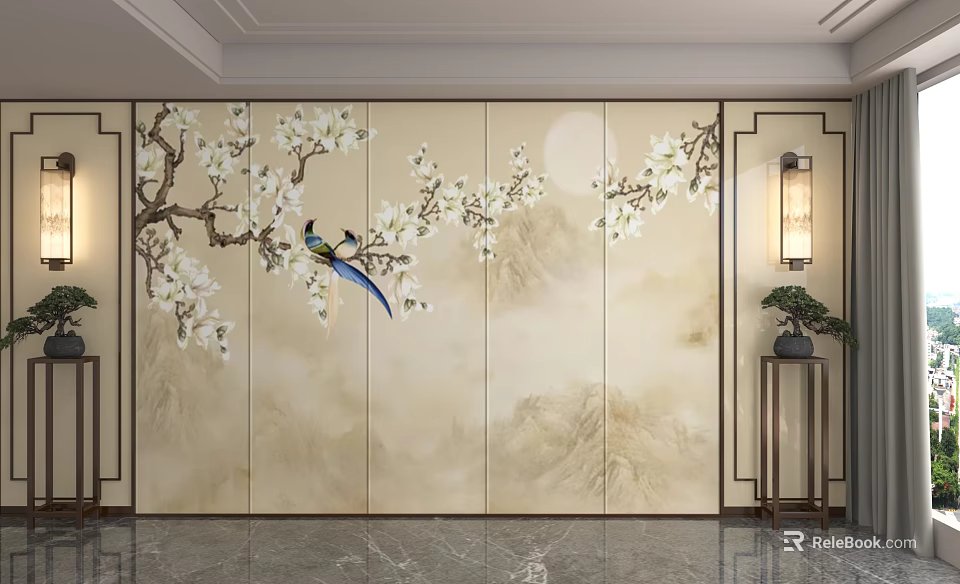 Traditional Chinese Background Wall With Magnolia Flowers Blue Bird And Mountain Landscape 3d model 