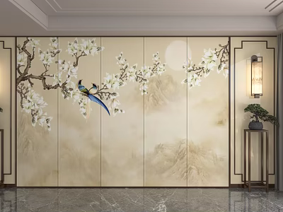 Traditional Chinese Background Wall With Magnolia Flowers Blue Bird And Mountain Landscape 3d model