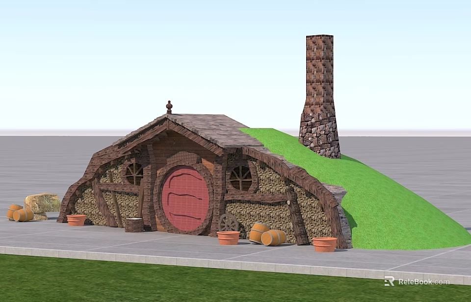 Cartoon Hobbit House Scene With Round Red Door Green Roof Stone Chimney And Pumpkins 3d model 