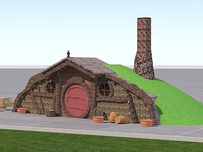 Cartoon Hobbit House Scene With Round Red Door Green Roof Stone Chimney And Pumpkins 3d model