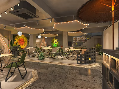 Cozy Restaurant Interior With String Lights Green Plants And Wooden Tables 3d model