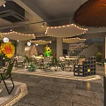 Cozy Restaurant Interior With String Lights Green Plants And Wooden Tables