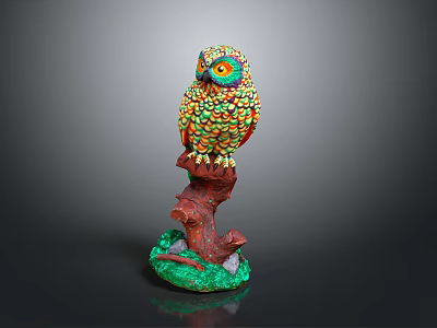 Colorful Owl Sculpture Perched On Tree Stump Base With Vibrant Feather Details 3d model