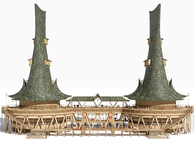 Ancient Architecture Traditional Wooden Structure With Spire Shaped Roofs And Ornate Design 3d model