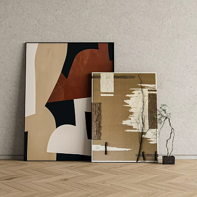 Abstract Art Paintings On Gray Wall With Wooden Floor And Small Potted Plant 3d model