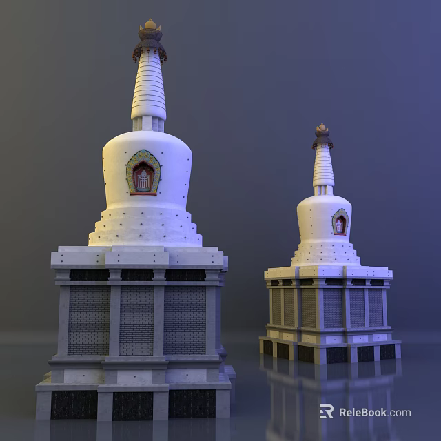 Two White Tiered Pagodas With Spire Windows And Decorative Base Structure 3d model 