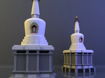 Two White Tiered Pagodas With Spire Windows And Decorative Base Structure 3d model