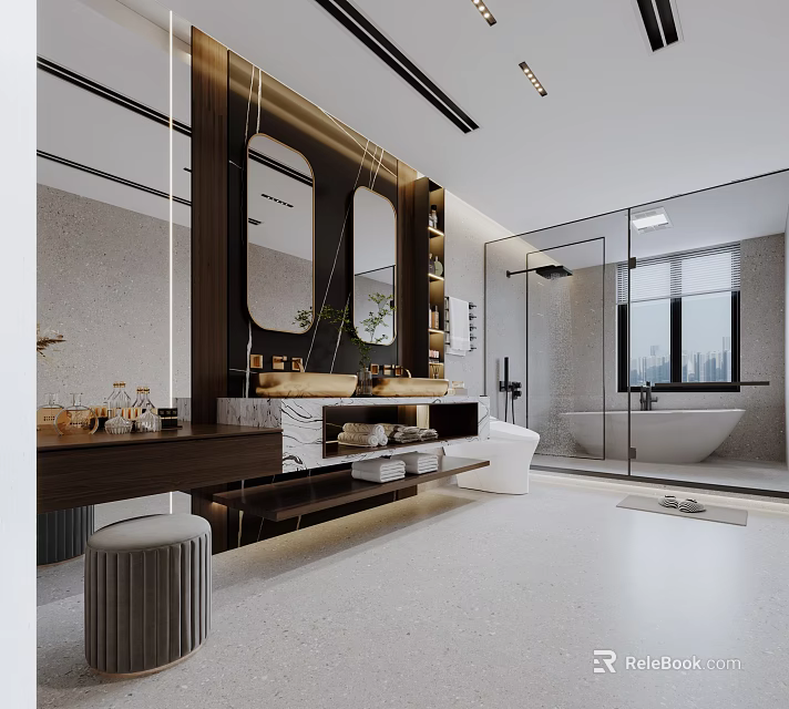 Elegant Modern Bathroom With Double Mirrors Marble Countertop Bathtub Shower Enclosure And City View Window 3d model 