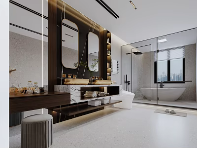 Elegant Modern Bathroom With Double Mirrors Marble Countertop Bathtub Shower Enclosure And City View Window 3d model