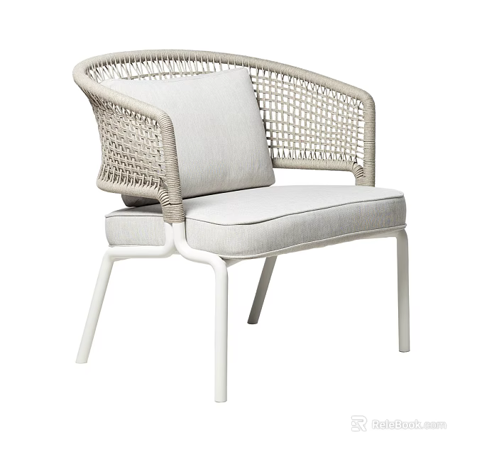 Modern Minimalist Woven Accent Chair with Light Colored Cushion and Metal Legs 3d model 