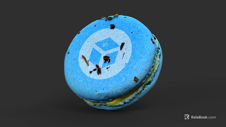 Blue Macaron With White Cube Logo Yellow Filling And Colorful Crumbs 3d model 