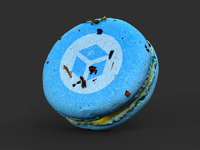 Blue Macaron With White Cube Logo Yellow Filling And Colorful Crumbs 3d model