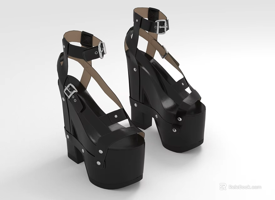 Black Platform High Heels with Straps and Buckles Fashionable Design for Women 3d model 