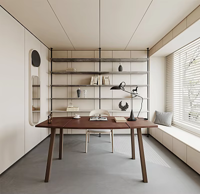 Modern Study Room Interior With Open Bookshelves Wooden Desk Table Lamp And Window Blinds 3d model