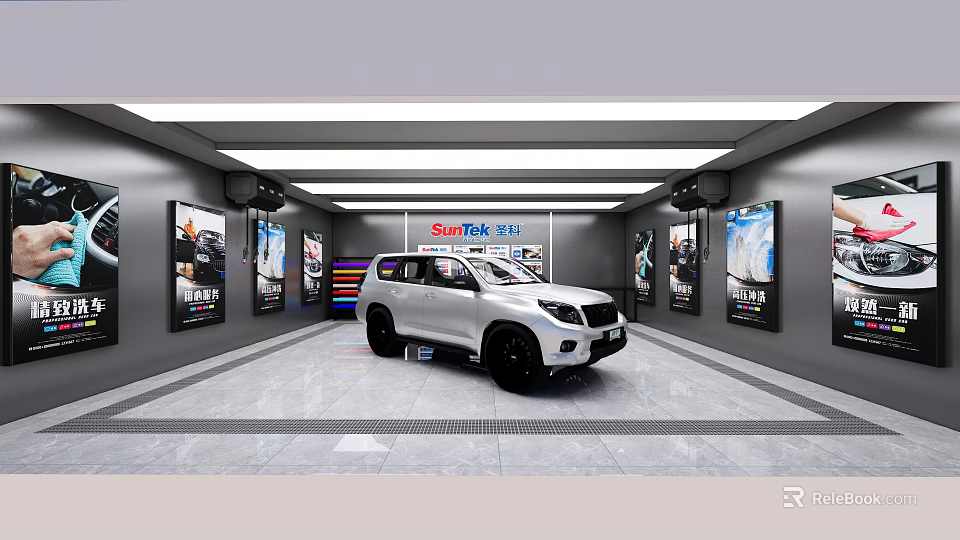 SunRise 4S Showroom Featuring White SUV On Display With Bright Lights And Surrounding Posters 3d model 