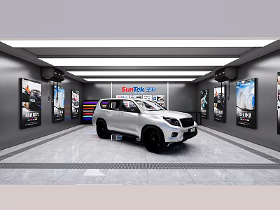 SunRise 4S Showroom Featuring White SUV On Display With Bright Lights And Surrounding Posters 3d model