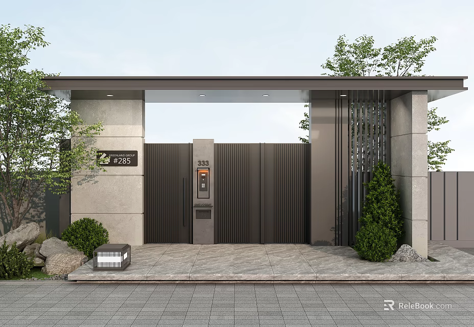 Modern Elegant Building Exterior Wall With Metal Gate And Stone Finish 3d model 