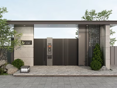 Modern Elegant Building Exterior Wall With Metal Gate And Stone Finish 3d model