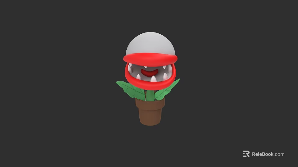 Cartoon Game Movie Character With White Top Red Mouth Sharp Teeth Green Leaves And Pot 3d model 