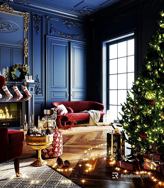 Christmas Living Room Interior With Blue Walls Red Sofa Fireplace And Lit Christmas Tree 3d model 