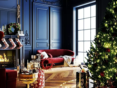 Christmas Living Room Interior With Blue Walls Red Sofa Fireplace And Lit Christmas Tree 3d model