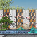 Modern Landscape Wall Design With Red Fish Motifs Stone Panels Water Fountain And Green Plants