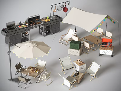 Durable Outdoor Chair With Garden Table Umbrella And Patio Furniture Setup 3d model