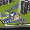 Kids Play Area with Circular Blue Flooring Yellow Railings Green Plants and White Spherical Structure