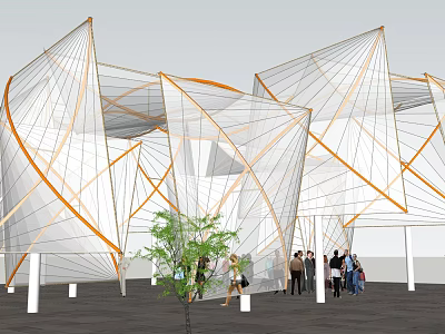 Modern Geometric Pergola With Transparent Canopy Wooden Frames And Green Plant 3d model