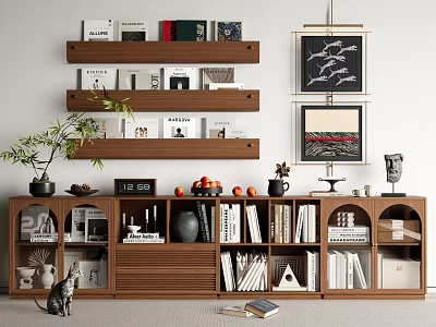 Wooden Bookcase With Shelves Books Clock Fruits Decorations Potted Plant And Wall Art 3d model