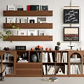 Wooden Bookcase With Shelves Books Clock Fruits Decorations Potted Plant And Wall Art