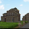 European Style Red Brick Detached Villa With Well Trimmed Shrubs And Stone Pathway
