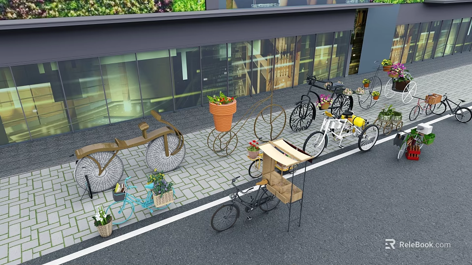 Creative Garden Decor With Bicycle Planters And Potted Plants On Stone Paved Outdoor Area 3d model 