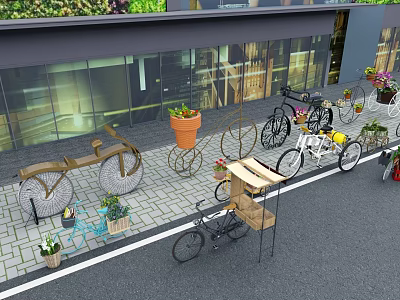 Creative Garden Decor With Bicycle Planters And Potted Plants On Stone Paved Outdoor Area 3d model