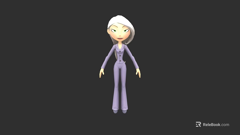 Cute Cartoon Doll With White Long Hair And Purple Flared Pants Outfit 3d model 