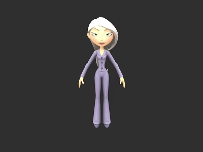 Cute Cartoon Doll With White Long Hair And Purple Flared Pants Outfit 3d model