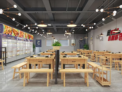 Modern Hotpot Restaurant Interior With Wooden Tables Benches Hanging Lights And Menu Posters 3d model